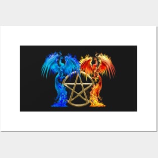 Fantasy Fire And Ice Phoenix Gold Pentagram Posters and Art